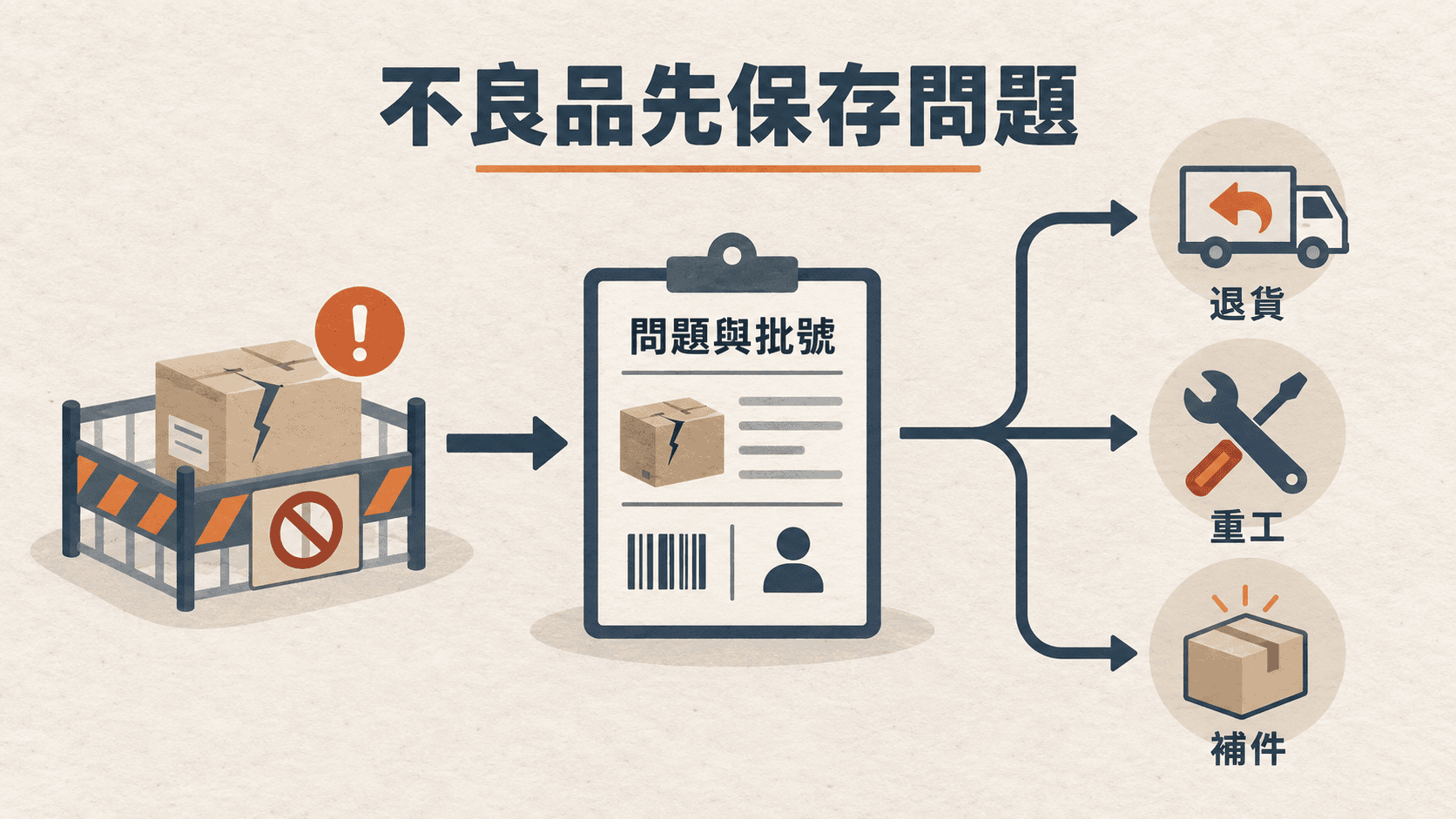 不良品記錄問題與批號後,分流至退貨、重工或補件