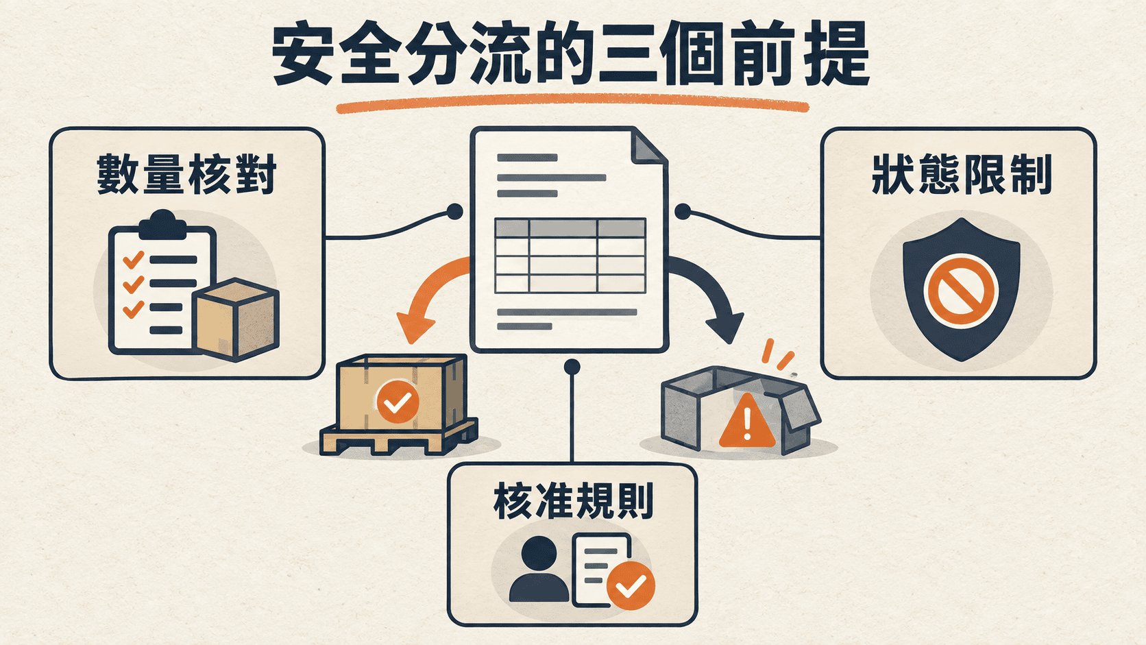 數量核對、狀態限制與核准規則構成安全驗收分流